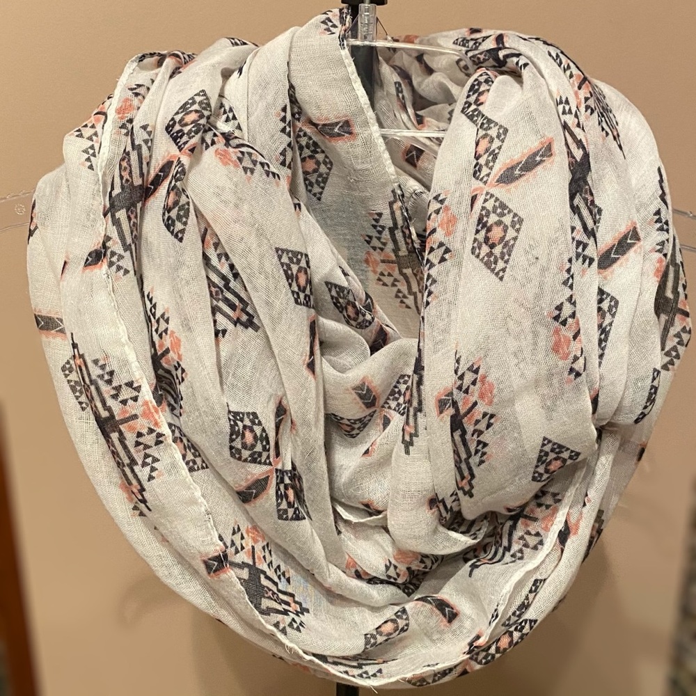 White Infinity Scarf w/ Black & Pink Aztec Print